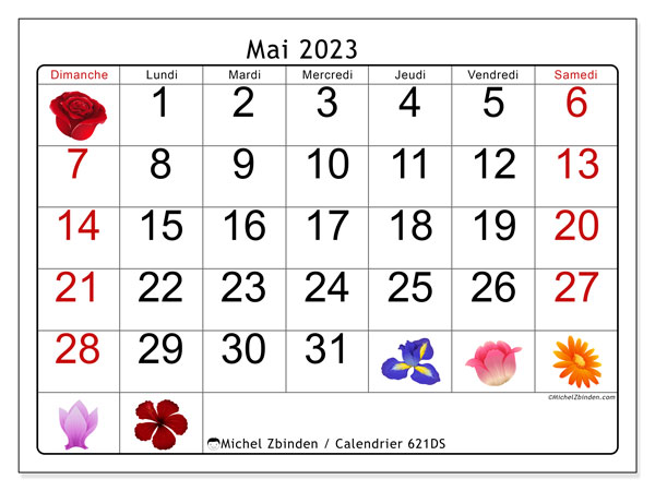 Calendrier Calendriers mai 2023, 621DS, prêt à imprimer et gratuit.