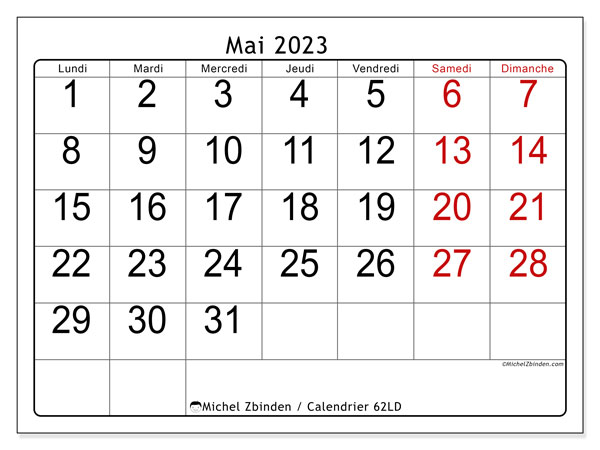 62LD, calendrier mai 2023, pour imprimer, gratuit.