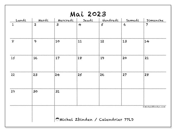 77LD, calendrier mai 2023, pour imprimer, gratuit.