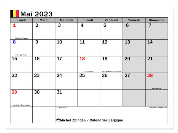 Calendrier mai 2023, Belgique (FR), prêt à imprimer et gratuit.