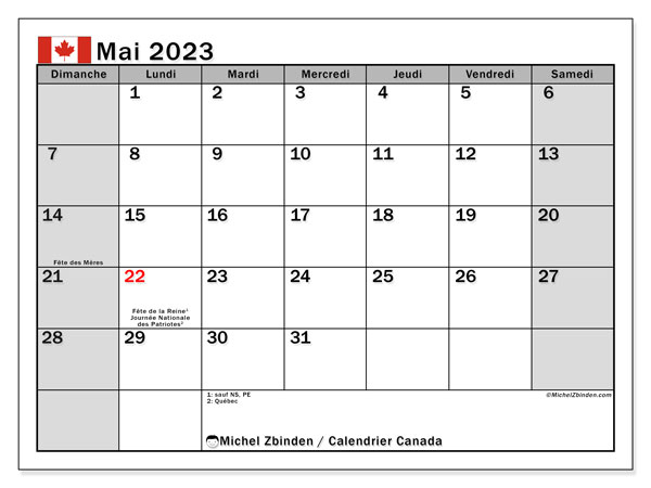 Calendrier mai 2023, Canada, prêt à imprimer et gratuit.