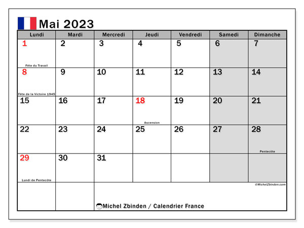 Kalender mei 2023, Frankrijk (FR). Gratis printbaar schema.