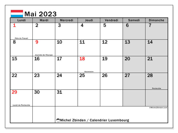 Calendrier mai 2023, Luxembourg (FR), prêt à imprimer et gratuit.