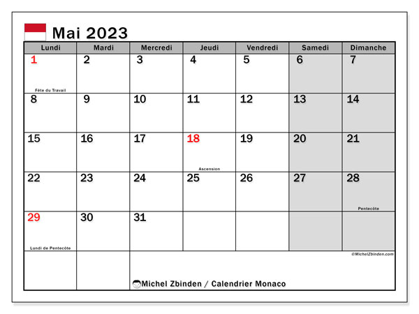 Calendrier mai 2023, Monaco, prêt à imprimer et gratuit.