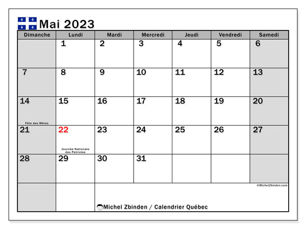 Calendrier mai 2023, Québec, prêt à imprimer et gratuit.