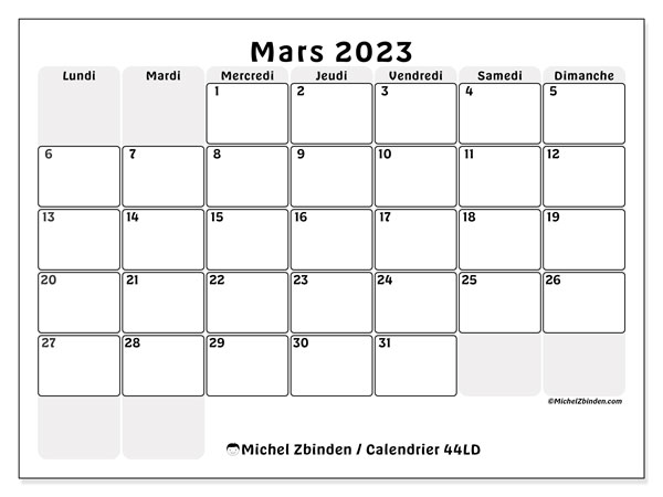Calendrier mars 2023, 44LD, prêt à imprimer et gratuit.