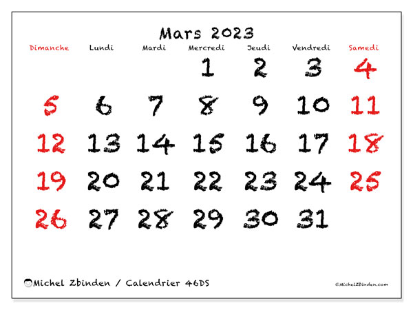 Calendrier à imprimer, mars 2023, 46DS