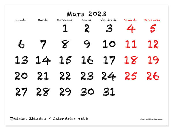 Calendrier mars 2023 à imprimer. Calendrier mensuel “46LD” et planificateur gratuit à imprimer