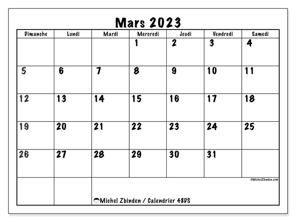Calendrier mars 2023 “48”. Calendrier à imprimer gratuit.