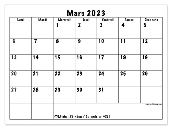 Calendrier mars 2023, 48LD, prêt à imprimer et gratuit.