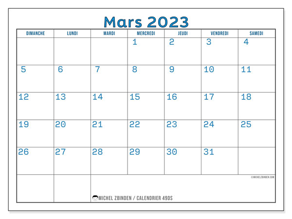 Calendrier mars 2023, 49DS, prêt à imprimer et gratuit.