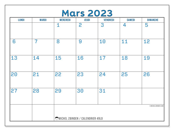 Calendrier mars 2023, 49LD, prêt à imprimer et gratuit.