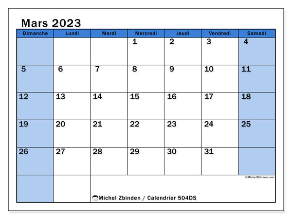 Calendrier mars 2023 “504”. Calendrier à imprimer gratuit.