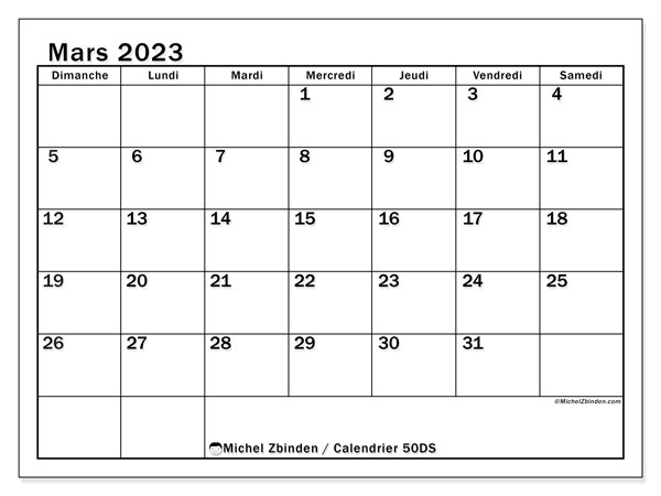 Calendrier mars 2023, 50DS, prêt à imprimer et gratuit.