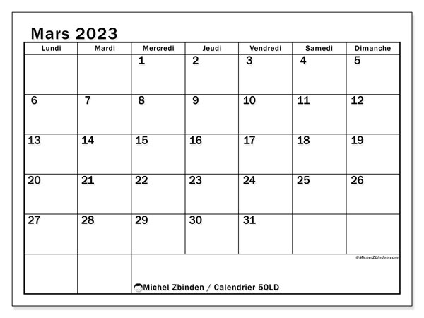 Calendrier mars 2023 “50”. Calendrier à imprimer gratuit.