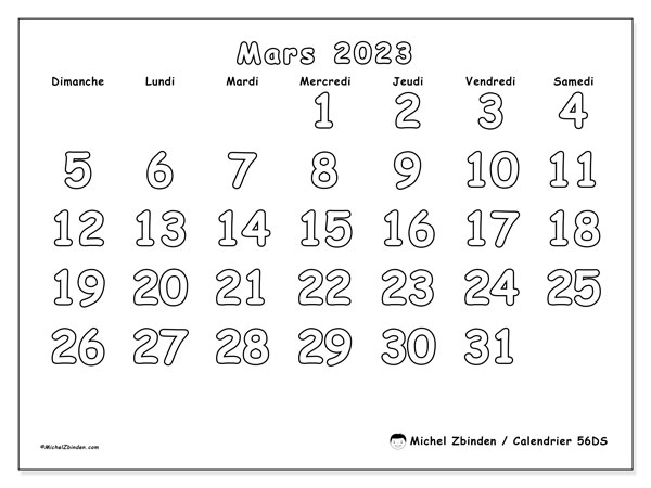 Calendrier Calendriers mars 2023, 56DS, prêt à imprimer et gratuit.