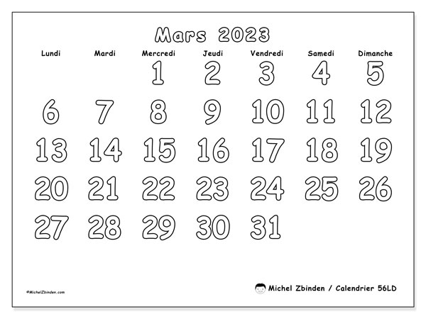 56LD, calendrier mars 2023, pour imprimer, gratuit.