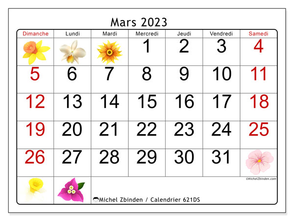 Calendrier mars 2023 “621”. Calendrier à imprimer gratuit.