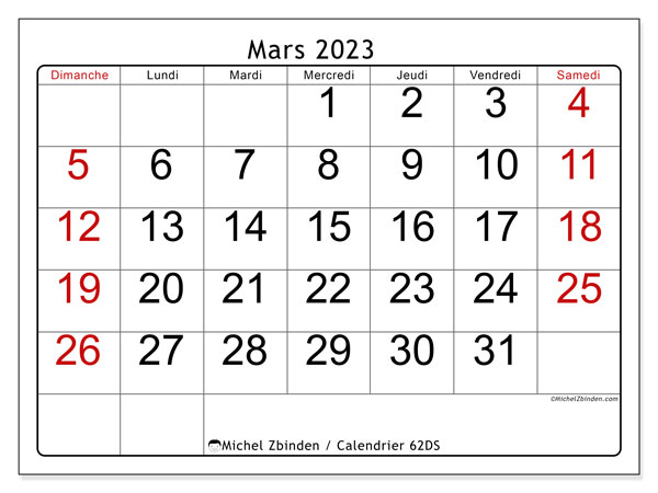 Calendrier mars 2023 “62”. Calendrier à imprimer gratuit.