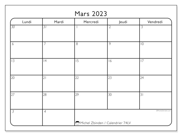 Calendrier mars 2023, 74LD, prêt à imprimer et gratuit.