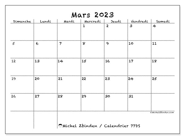 Calendrier mars 2023 “77”. Calendrier à imprimer gratuit.