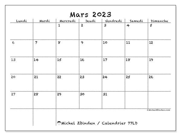 Calendrier mars 2023 “77”. Calendrier à imprimer gratuit.