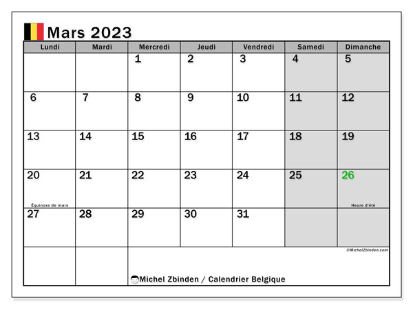 Calendrier mars 2023 “Belgique”. Calendrier à imprimer gratuit.