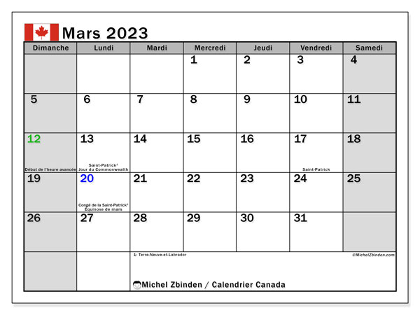 Calendrier mars 2023, Canada, prêt à imprimer et gratuit.