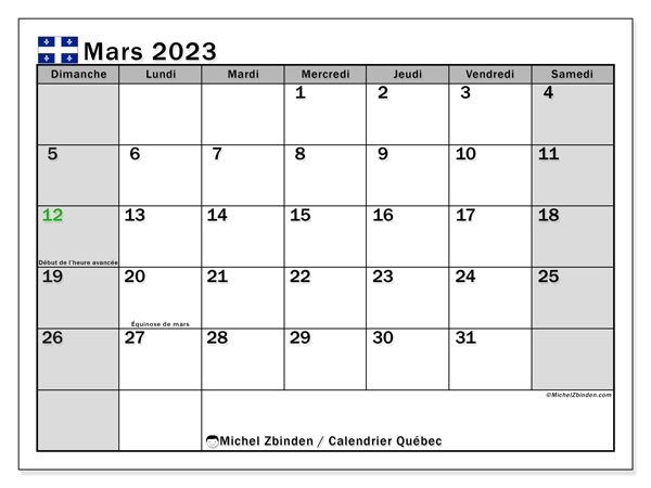 Calendrier mars 2023 “Québec”. Calendrier à imprimer gratuit.
