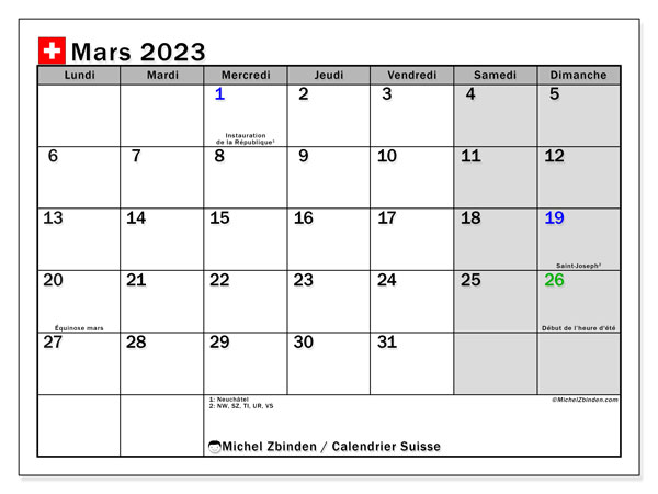 Calendrier mars 2023, Suisse (FR), prêt à imprimer et gratuit.