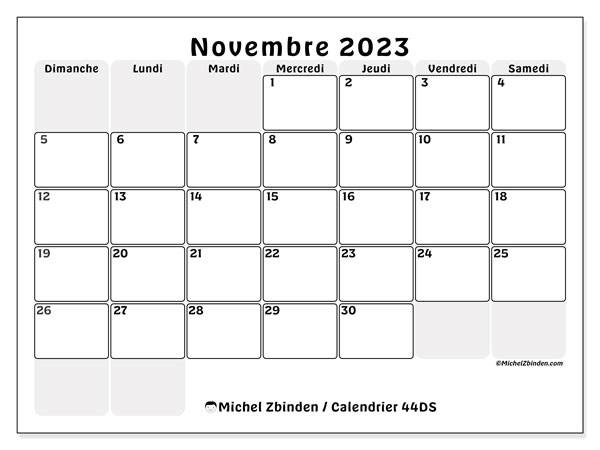Calendrier novembre 2023 “44”. Journal à imprimer gratuit.. Dimanche à samedi