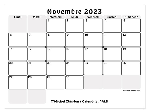 Calendrier novembre 2023 à imprimer. Calendrier mensuel “44LD” et agenda imprimable gratuit