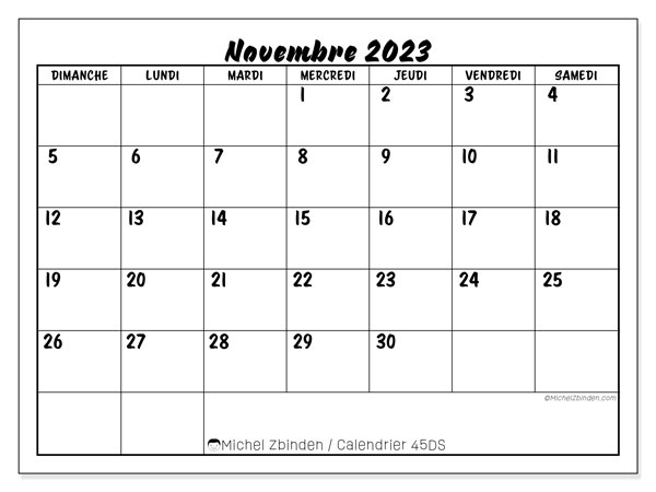 Calendrier novembre 2023 “45”. Journal à imprimer gratuit.. Dimanche à samedi