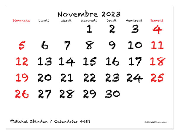 Calendrier novembre 2023 “46”. Calendrier à imprimer gratuit.. Dimanche à samedi