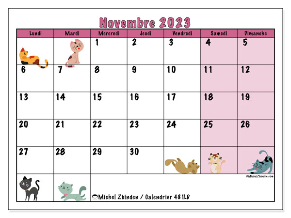 Calendrier novembre 2023 “481”. Planning à imprimer gratuit.. Lundi à dimanche