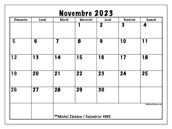 Calendrier novembre 2023 “48”. Planning à imprimer gratuit.. Dimanche à samedi