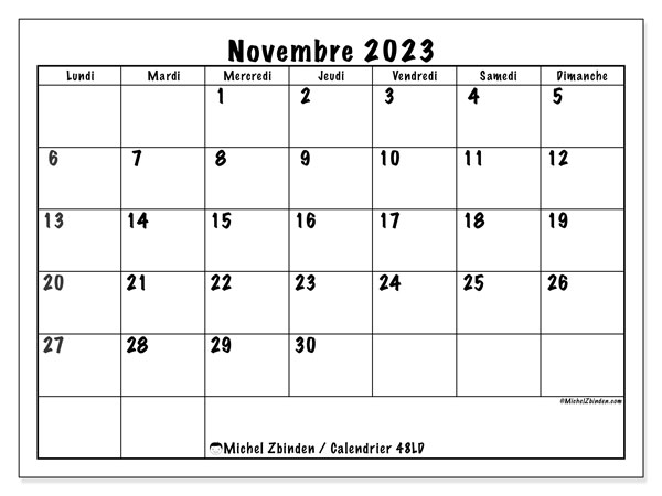 Calendrier novembre 2023 à imprimer. Calendrier mensuel “48LD” et planning à imprimer gratuit