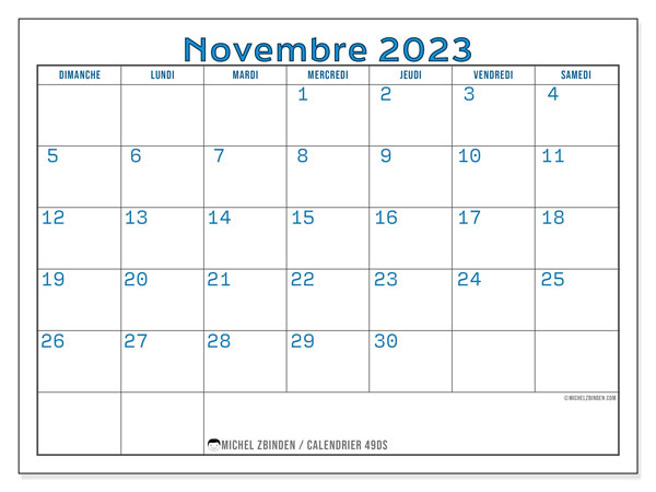 Calendrier novembre 2023 “49”. Calendrier à imprimer gratuit.. Dimanche à samedi