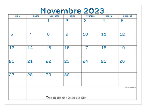 Calendrier novembre 2023, 49LD, prêt à imprimer et gratuit.