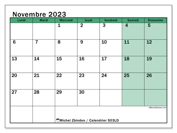 Calendrier novembre 2023 “503”. Journal à imprimer gratuit.. Lundi à dimanche