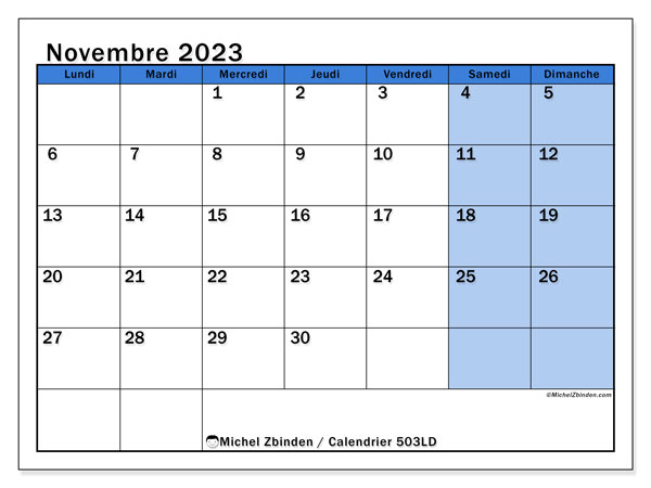 Calendrier novembre 2023 “504”. Calendrier à imprimer gratuit.