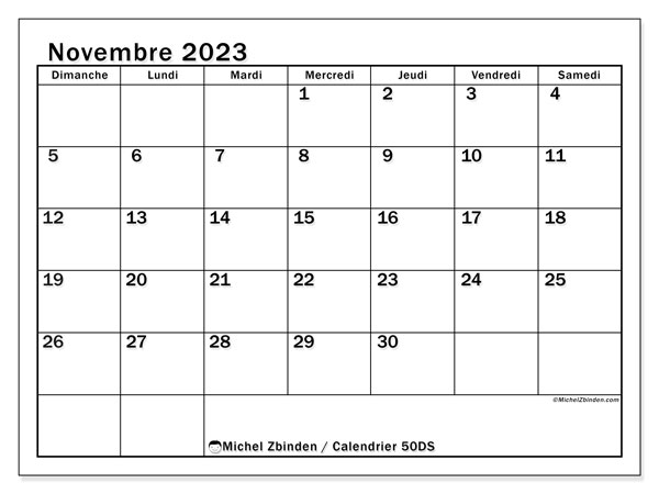 Calendrier novembre 2023 “50”. Plan à imprimer gratuit.. Dimanche à samedi