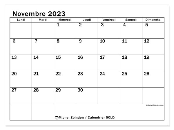 Calendrier novembre 2023 “50”. Plan à imprimer gratuit.. Lundi à dimanche