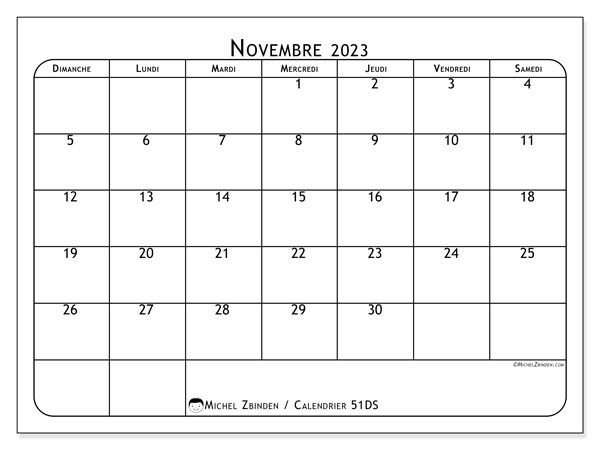 Calendrier novembre 2023 “51”. Plan à imprimer gratuit.. Dimanche à samedi