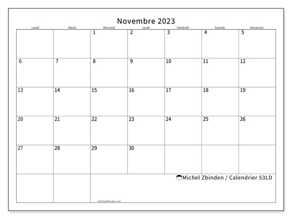 Calendrier novembre 2023 à imprimer. Calendrier mensuel “53LD” et agenda imprimable gratuit