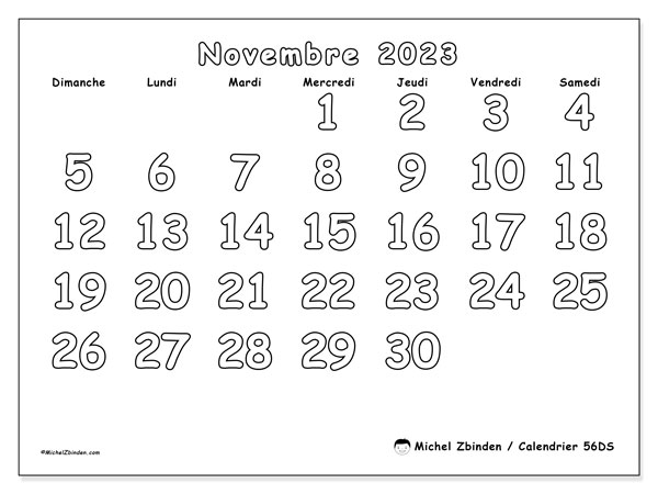 Calendrier novembre 2023 “56”. Calendrier à imprimer gratuit.