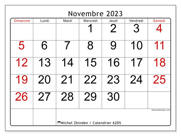 Calendrier novembre 2023 “62”. Calendrier à imprimer gratuit.. Dimanche à samedi