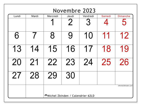 Calendrier novembre 2023 à imprimer. Calendrier mensuel “62LD” et planificateur à imprimer gratuit