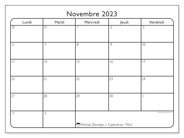 Calendrier novembre 2023 à imprimer. Calendrier mensuel “74LD” et planificateur gratuit à imprimer