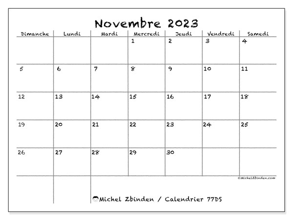 Calendrier novembre 2023 “77”. Journal à imprimer gratuit.. Dimanche à samedi